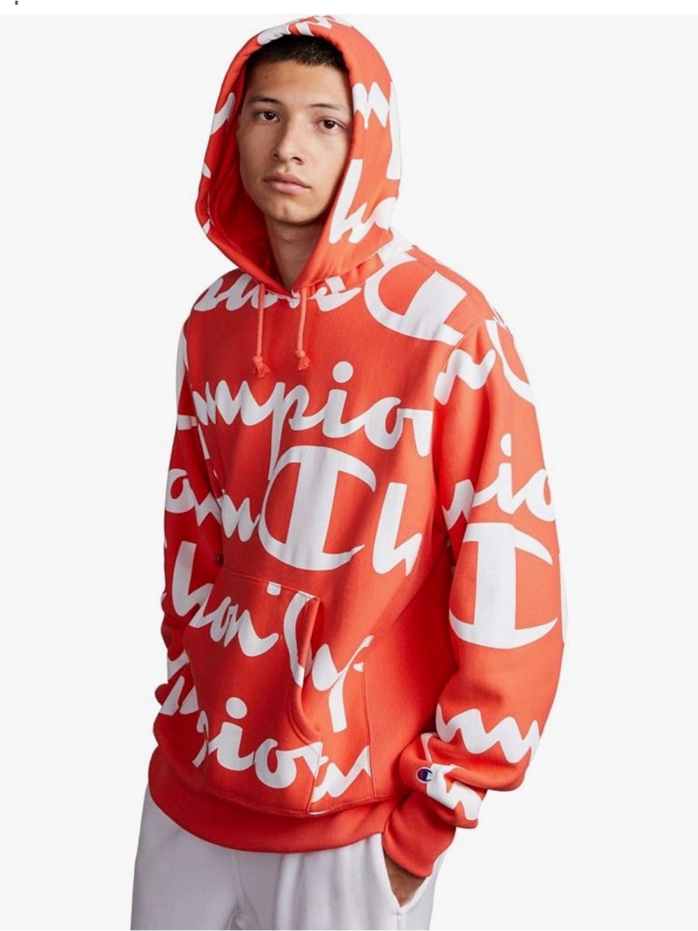 NWOT Champion Orange Hoodie with White Allover Logo
